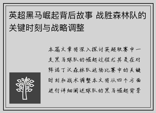 英超黑马崛起背后故事 战胜森林队的关键时刻与战略调整