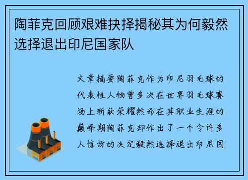 陶菲克回顾艰难抉择揭秘其为何毅然选择退出印尼国家队