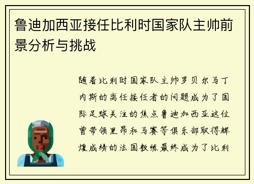 鲁迪加西亚接任比利时国家队主帅前景分析与挑战