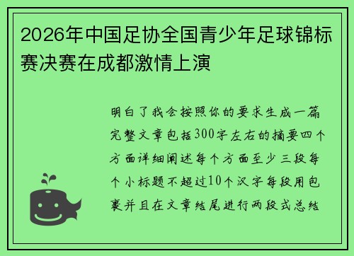 2026年中国足协全国青少年足球锦标赛决赛在成都激情上演 2026年中国足协全国青少年足球锦标赛决赛在成都激情上演